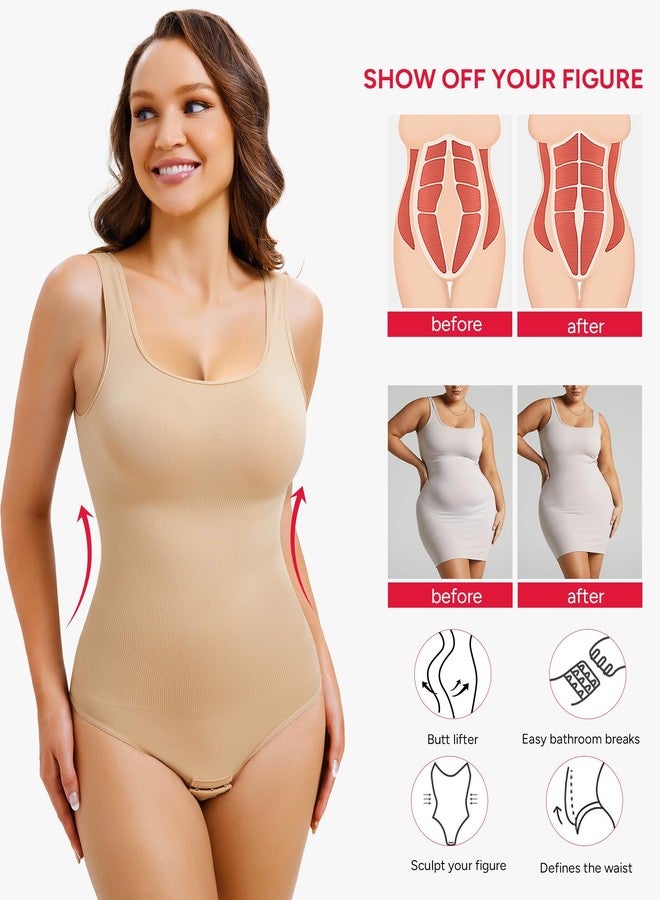 Nebility Womens' Waist Trainer Seamless Round Neck Tummy Control Shapewear Bodysuit (Beige Thong Bodysuit, M/L) - Image 4